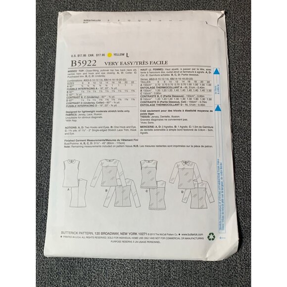 Butterick B5922 Womens Top Sewing Pattern Size 6-14 uncut - Picture 2 of 2